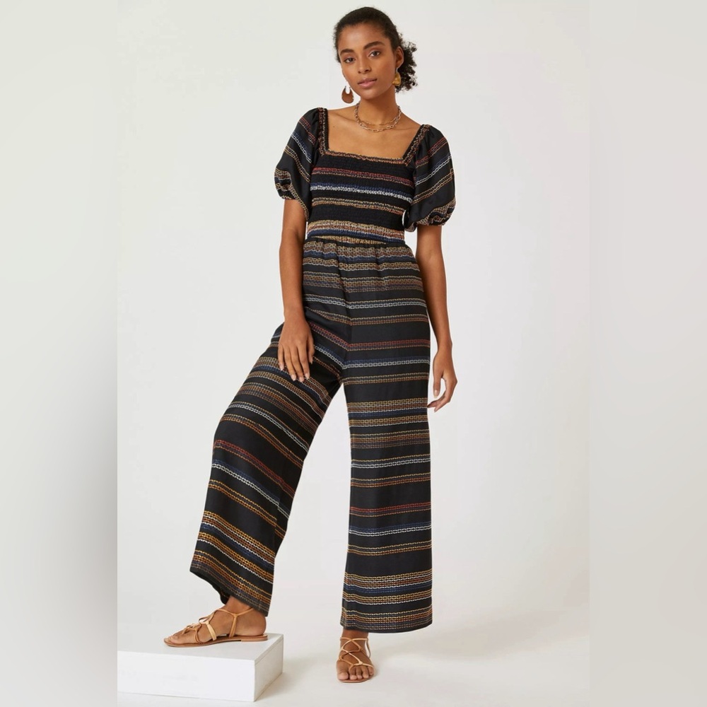 Hutch x Anthropologie Sunset Embroidered Smocked Jumpsuit Size XS Puff Sleeve